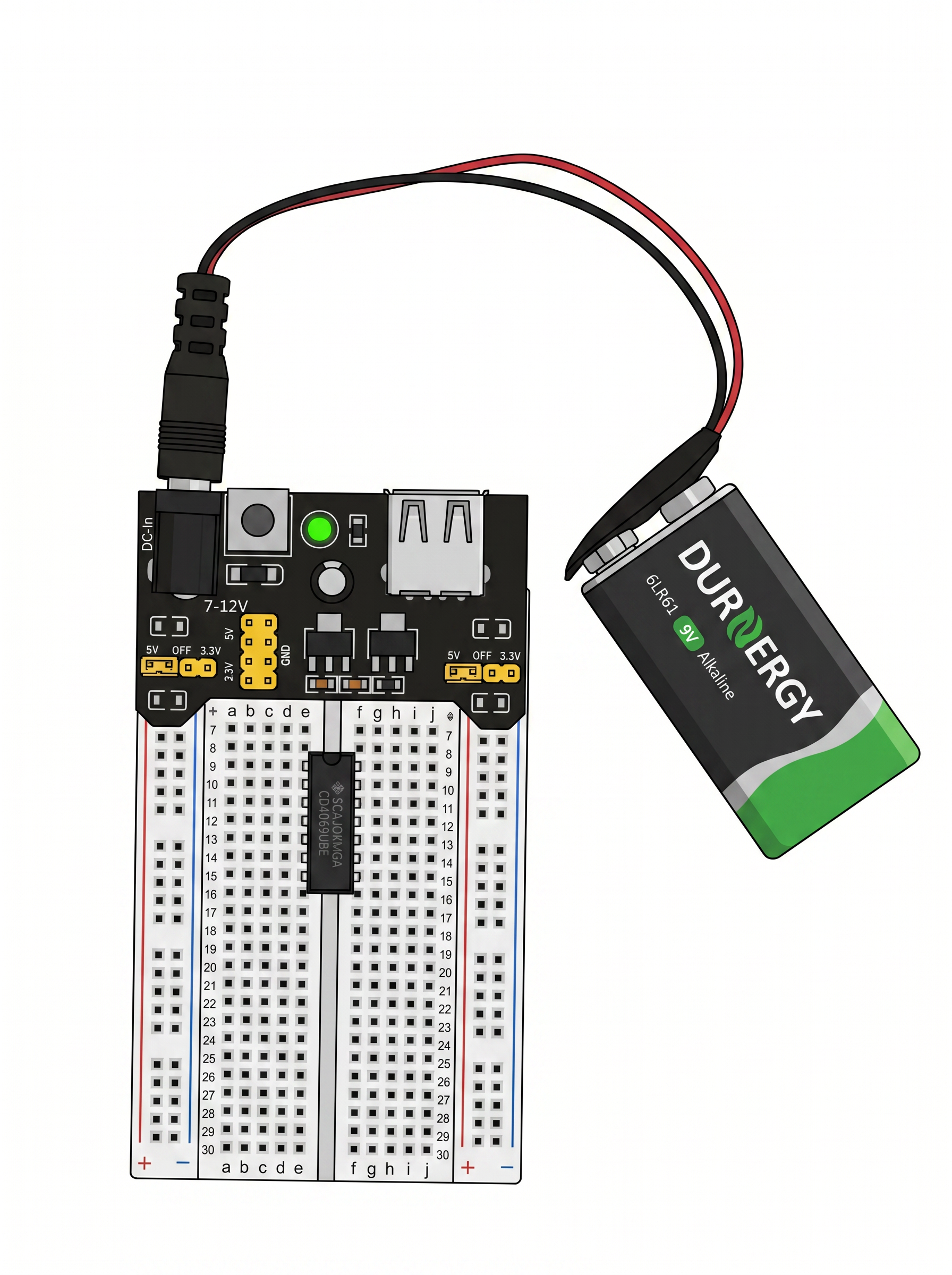 Starting layout: breadboard power module, 9V battery, and CD4069UBE seated